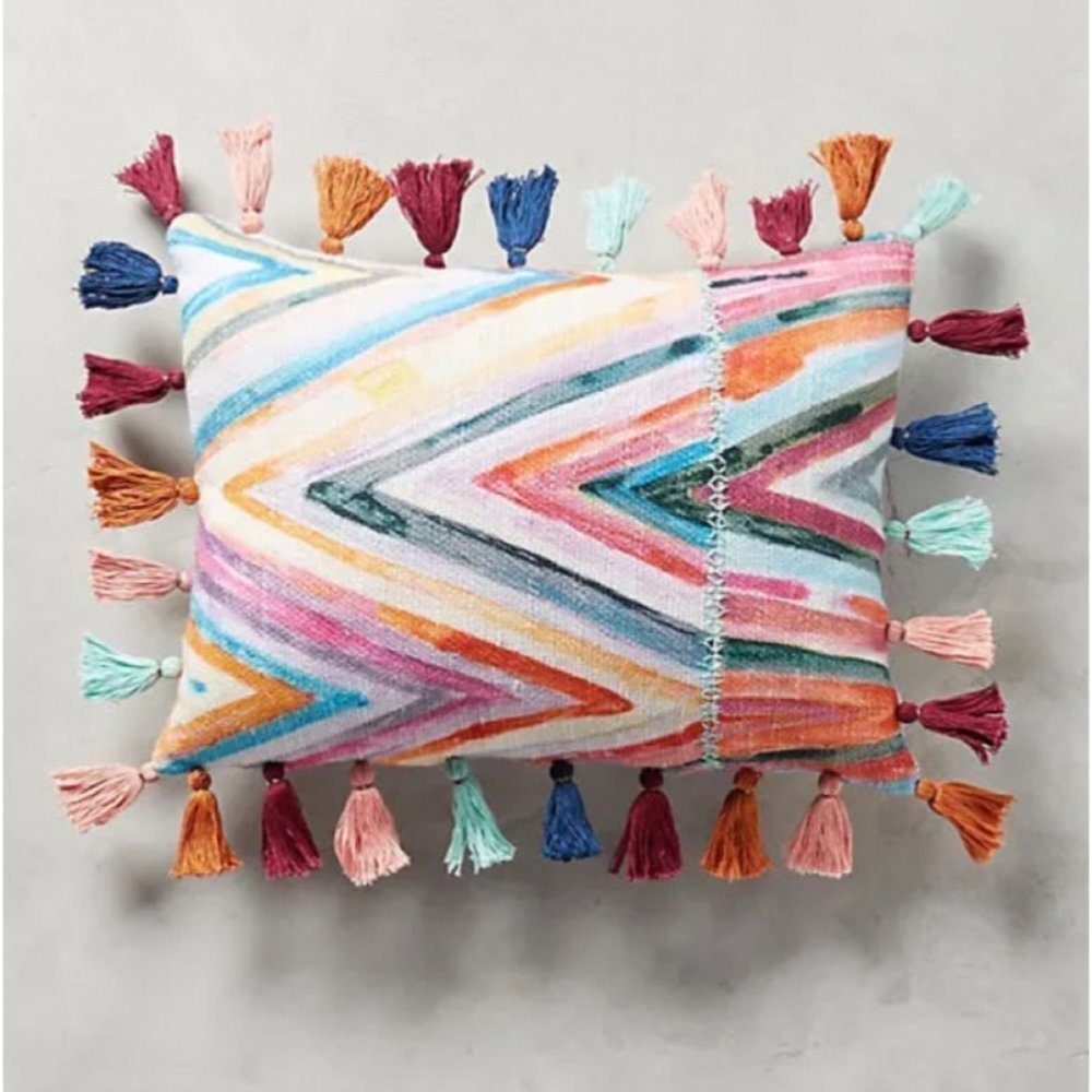 ANTHROPOLOGIE Decorative Pillow Multi-Colored Striped With Tassels